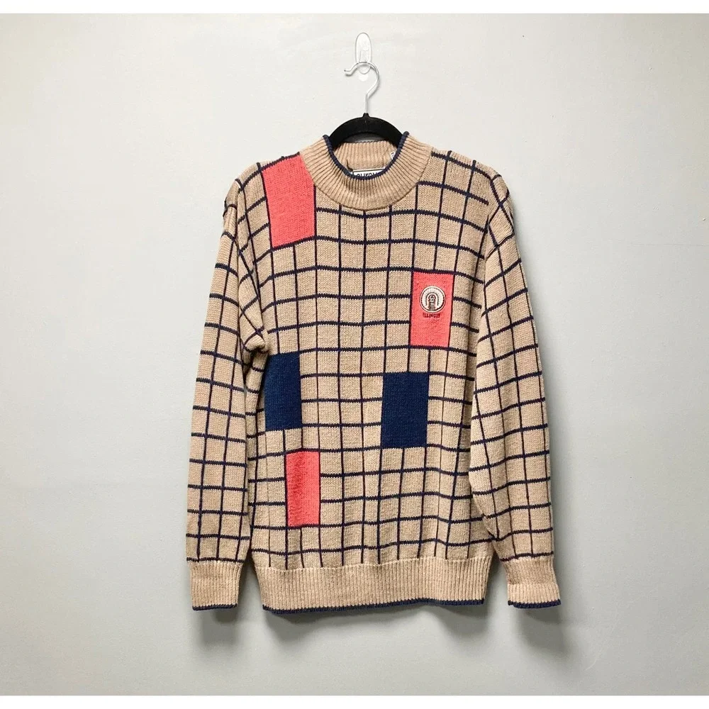 Vintage Aureus Mens Illinois Grid Colorblock Sweater‎ Tan Navy Coral Large